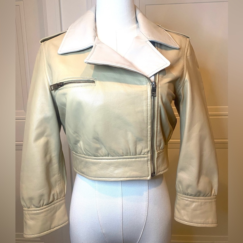 LAMARQUE Leather Cropped Moto Jacket NWT Size XS Cream Beige